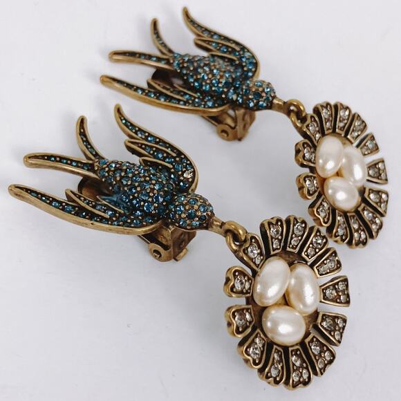 Vintage Signed Heidi Daus Blue Crystal Bird Clip On Earrings Faux Pearl READ - Picture 12 of 12